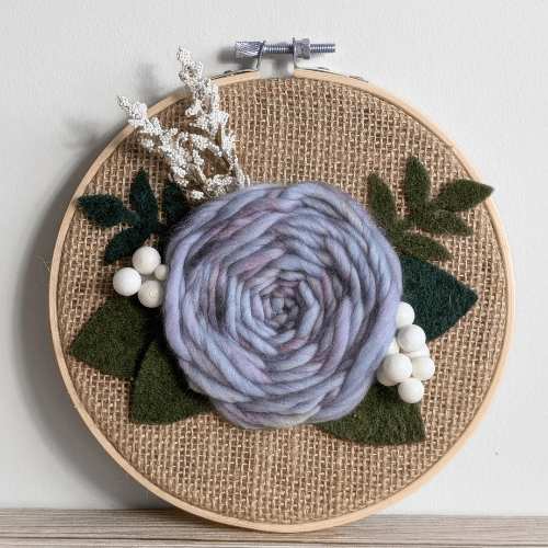 Floral Embroidery Art - Mini Hoop Art - Dyed Yarn Flower - Blues Purples - BlueRhubarb