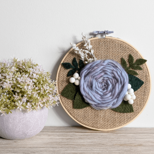 Floral Embroidery Art - Mini Hoop Art - Dyed Yarn Flower - Blues Purples - BlueRhubarb