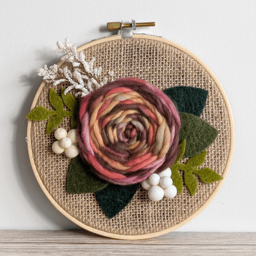 Handmade Woven Embroidered Floral Rose Wall Art - Brown Red Orange Yellow