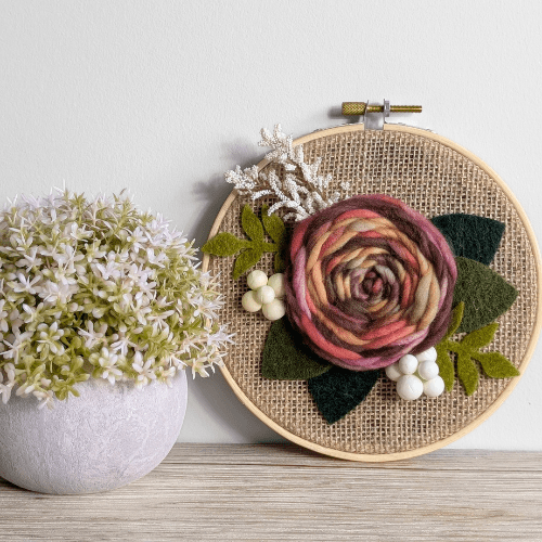 Handmade Woven Embroidered Floral Rose Wall Art - Brown Red Orange Yellow