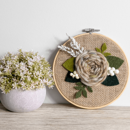 Handmade Woven Embroidered Floral Rose Wall Hanging - Earth Tones Yellow Brown Teal