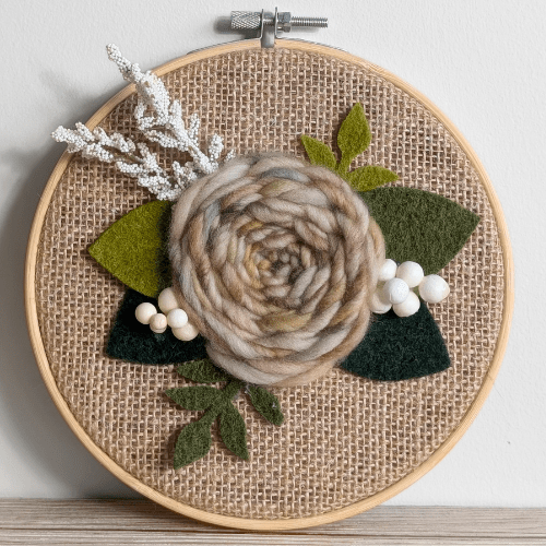 Handmade Woven Embroidered Floral Rose Wall Hanging - Earth Tones Yellow Brown Teal