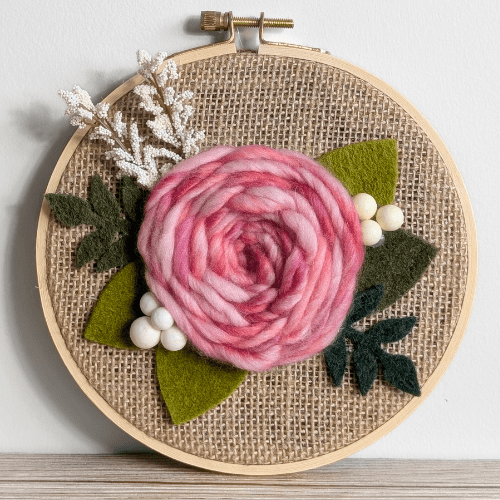Floral Embroidery Art - Mini Hoop Art - Dyed Yarn Flower - Pink Red - BlueRhubarb
