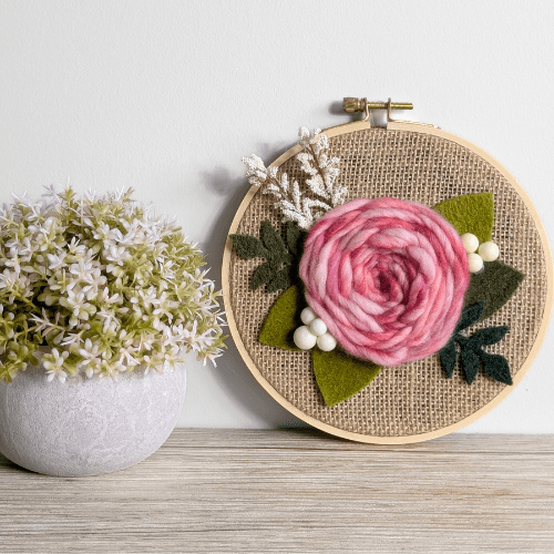 Floral Embroidery Art - Mini Hoop Art - Dyed Yarn Flower - Pink Red - BlueRhubarb