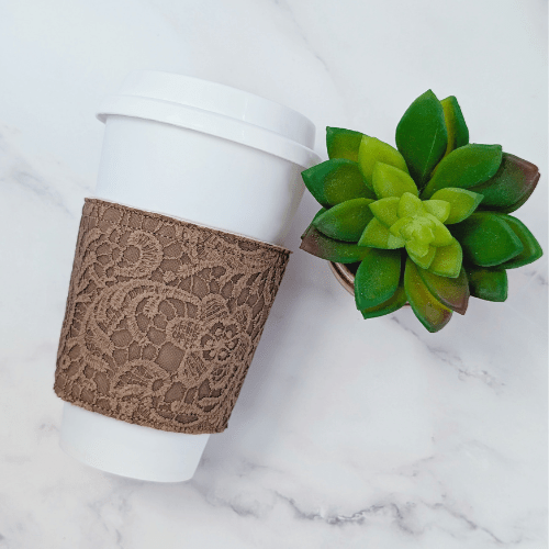 Floral Lace Faux Leather Reusable Cup Cozy Sleeve - Autumn Fall - Brown - BlueRhubarb