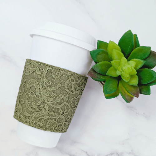 Floral Lace Faux Leather Reusable Cup Cozy Sleeve - Autumn Fall - Green - BlueRhubarb