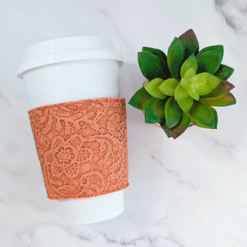 Floral Lace Faux Leather Reusable Cup Cozy Sleeve - Autumn Fall - Orange - BlueRhubarb