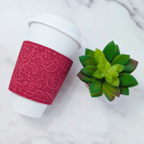 Floral Lace Faux Leather Reusable Cup Cozy Sleeve - Autumn Fall - Red - BlueRhubarb