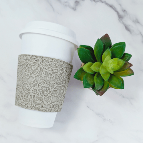 Floral Lace Faux Leather Reusable Cup Cozy Sleeve - Autumn Fall - Slate Grey - BlueRhubarb