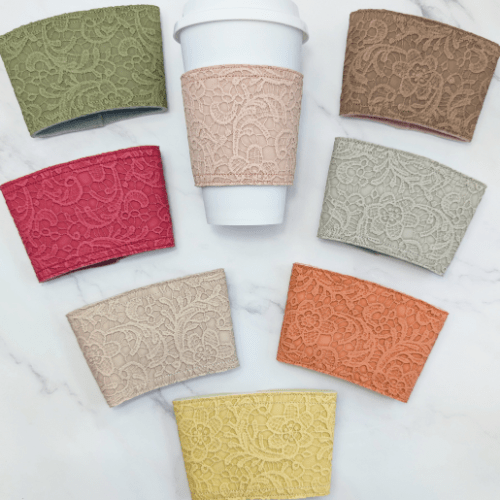 Floral Lace Faux Leather Reusable Cup Cozy Sleeve - Autumn Fall - Slate Grey - BlueRhubarb