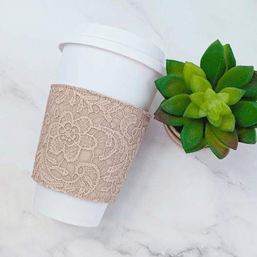 Floral Lace Faux Leather Reusable Cup Cozy Sleeve - Autumn Fall - Tan - BlueRhubarb