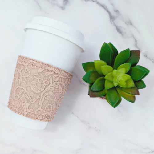 Floral Lace Faux Leather Reusable Cup Cozy Sleeve - Autumn Fall - Taupe - BlueRhubarb