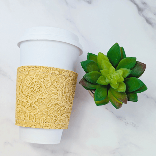 Floral Lace Faux Leather Reusable Cup Cozy Sleeve - Autumn Fall - Yellow - BlueRhubarb