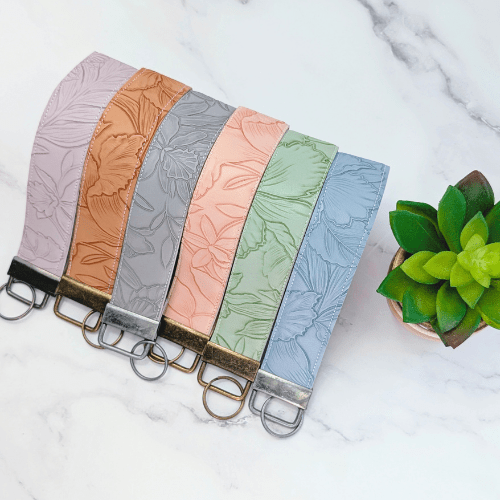 Floral Leaf Faux Leather Key FOB & Wristlet Keychain - BlueRhubarb