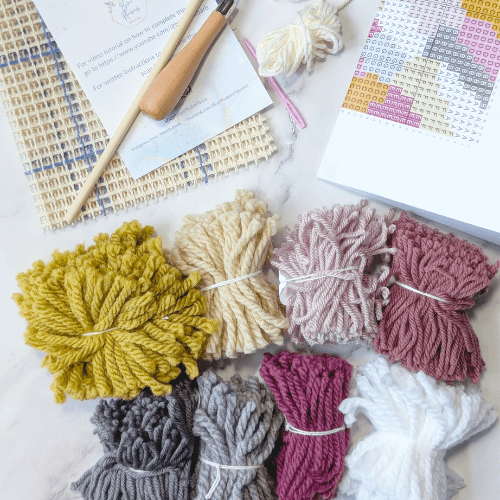 Handmade DIY Latch Hook Kit - Abstract Burgundy Palette - Modern Fiber Art