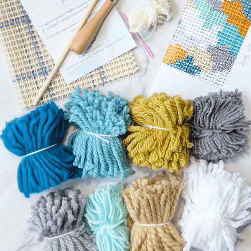 Handmade DIY Latch Hook Kit - Abstract Teal Palette - Modern Fiber Art