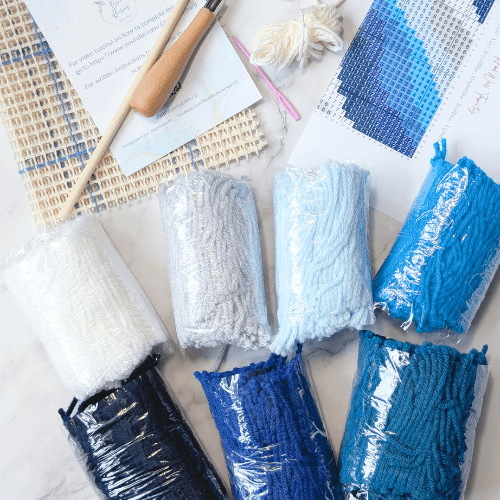 Handmade DIY Latch Hook Kit - Blue Palette - Modern Fiber Art