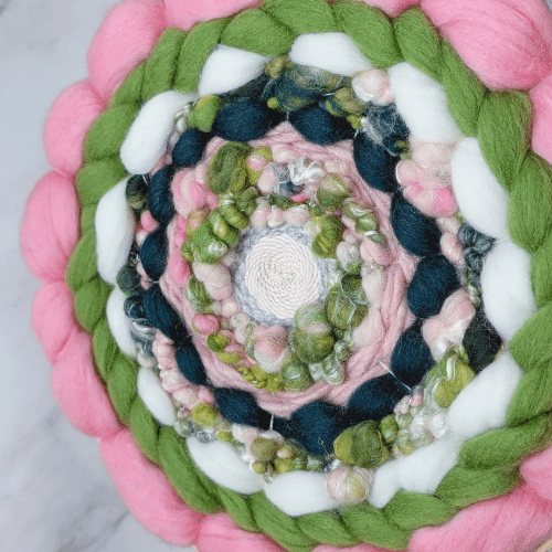 Handmade Round Coiled Art Yarn Fiber Wall Hanging - Pink Greens White Wall Decor