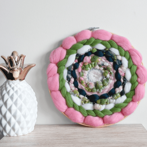 Handmade Round Coiled Art Yarn Fiber Wall Hanging - Pink Greens White Wall Decor