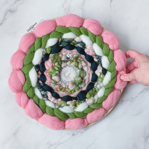 Handmade Round Coiled Art Yarn Fiber Wall Hanging - Pink Greens White Wall Decor