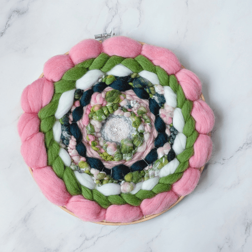 Handmade Round Coiled Art Yarn Fiber Wall Hanging - Pink Greens White Wall Decor