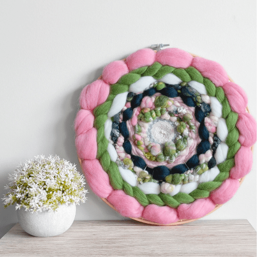 Handmade Round Coiled Art Yarn Fiber Wall Hanging - Pink Greens White Wall Decor