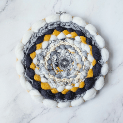 Handmade Round Coiled Art Yarn Fiber Wall Hanging - White Greys Mustard Wall Decor