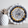 Handmade Round Coiled Art Yarn Fiber Wall Hanging - White Greys Mustard Wall Decor