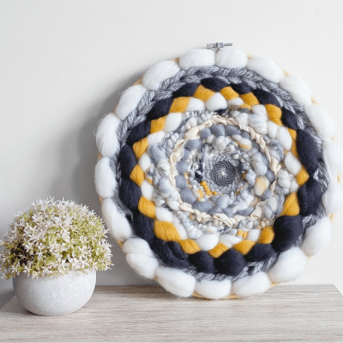 Handmade Round Coiled Art Yarn Fiber Wall Hanging - White Greys Mustard Wall Decor