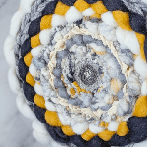 Handmade Round Coiled Art Yarn Fiber Wall Hanging - White Greys Mustard Wall Decor