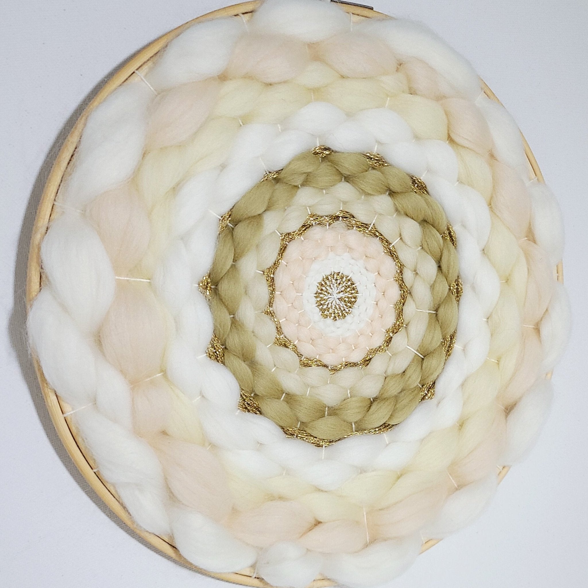 Round Woven Wall Art | Gold Threads | White Beige Cream Gold - BlueRhubarb