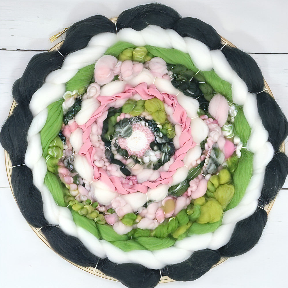 Coiled Art Yarn | Round Wall Hanging | Green White Pink Wall Décor - BlueRhubarb