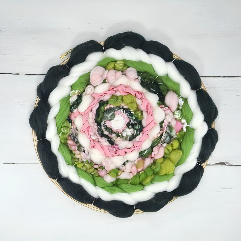 Coiled Art Yarn | Round Wall Hanging | Green White Pink Wall Décor - BlueRhubarb