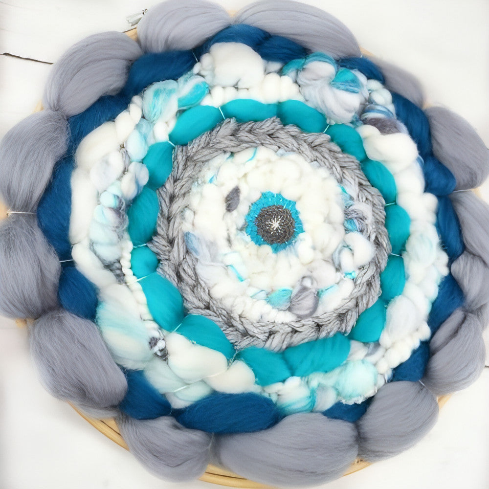 Coiled Art Yarn | Round Wall Hanging | Grey Teal White Wall Decor - BlueRhubarb