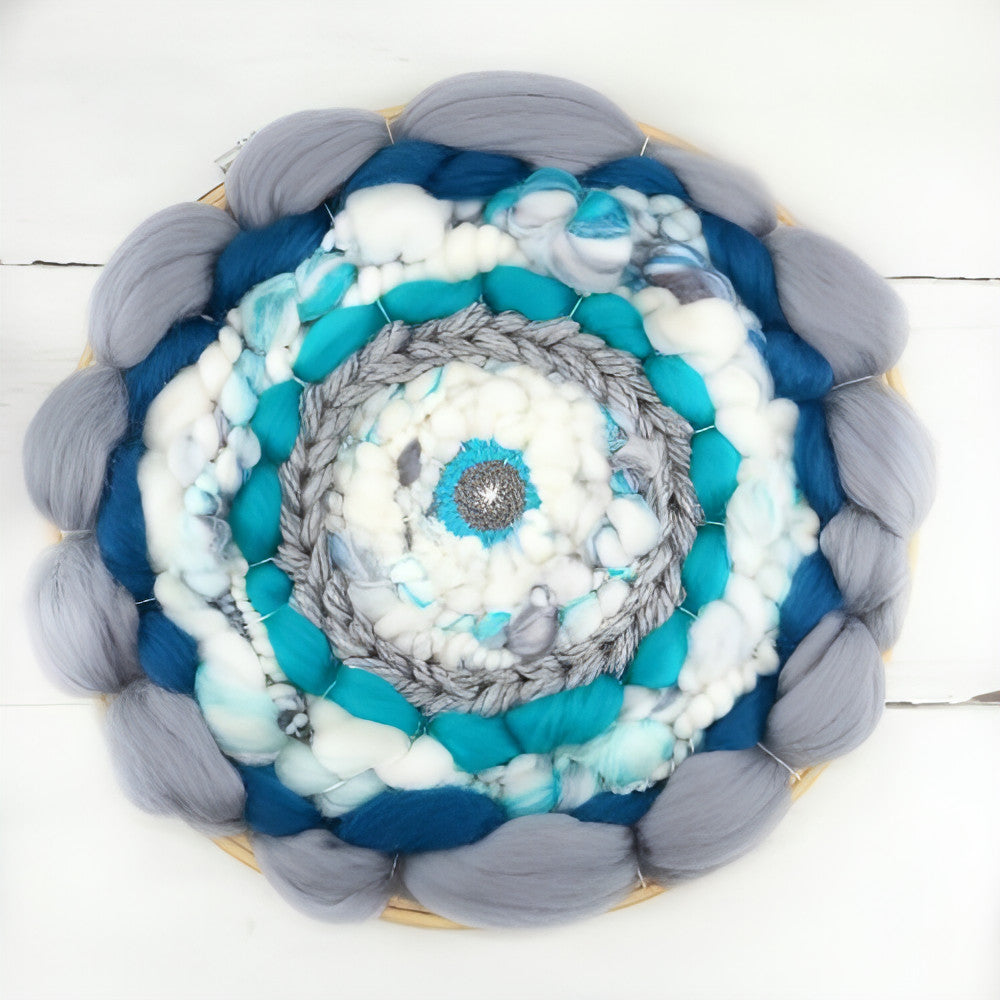 Coiled Art Yarn | Round Wall Hanging | Grey Teal White Wall Decor - BlueRhubarb