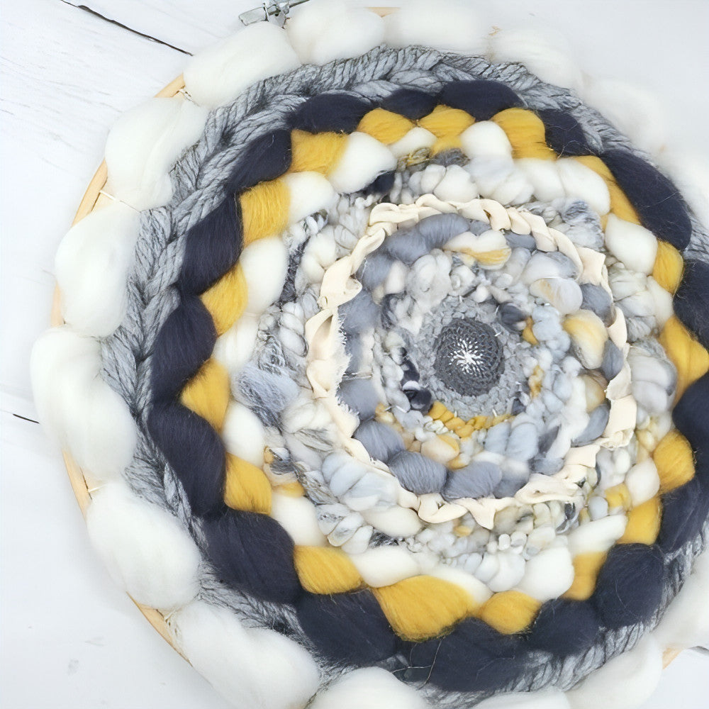 Coiled Art Yarn | Round Wall Hanging | Grey White Yellow Wall Décor - BlueRhubarb