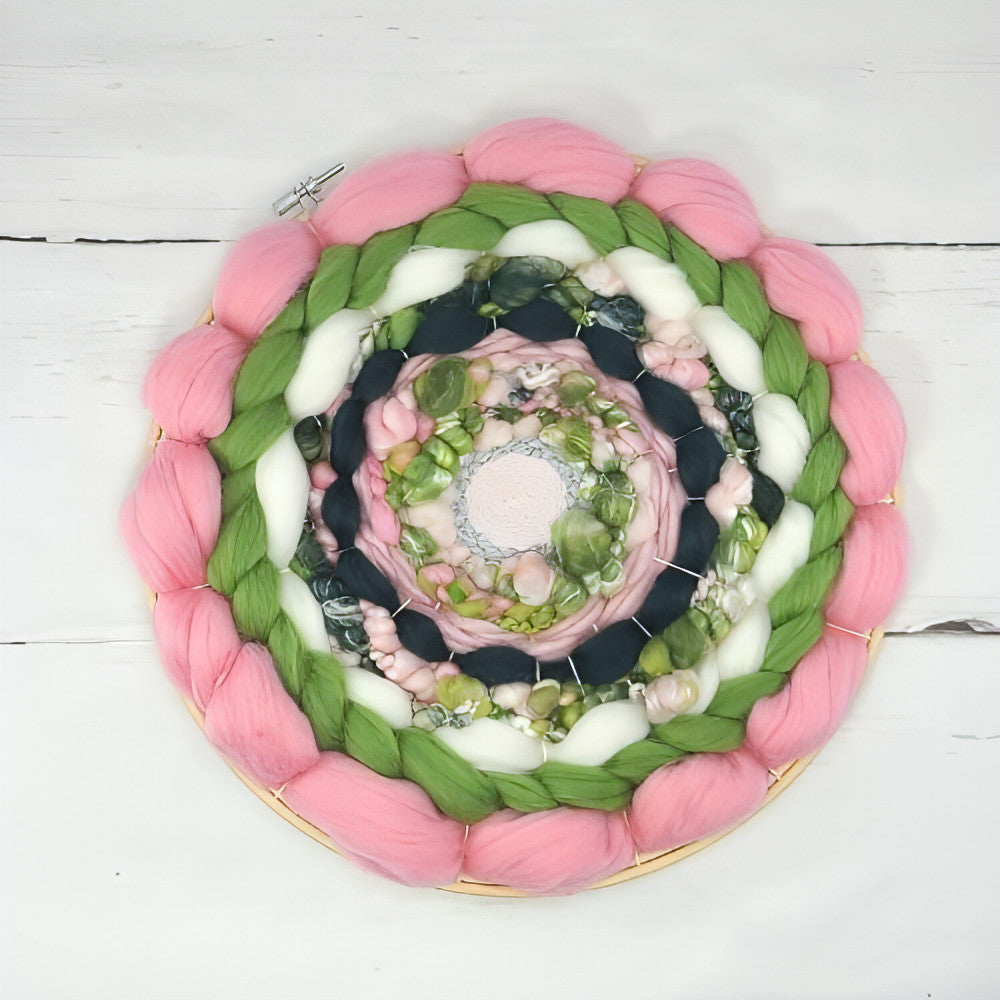 Coiled Art Yarn | Round Wall Hanging | Pink Green White Wall Décor - BlueRhubarb