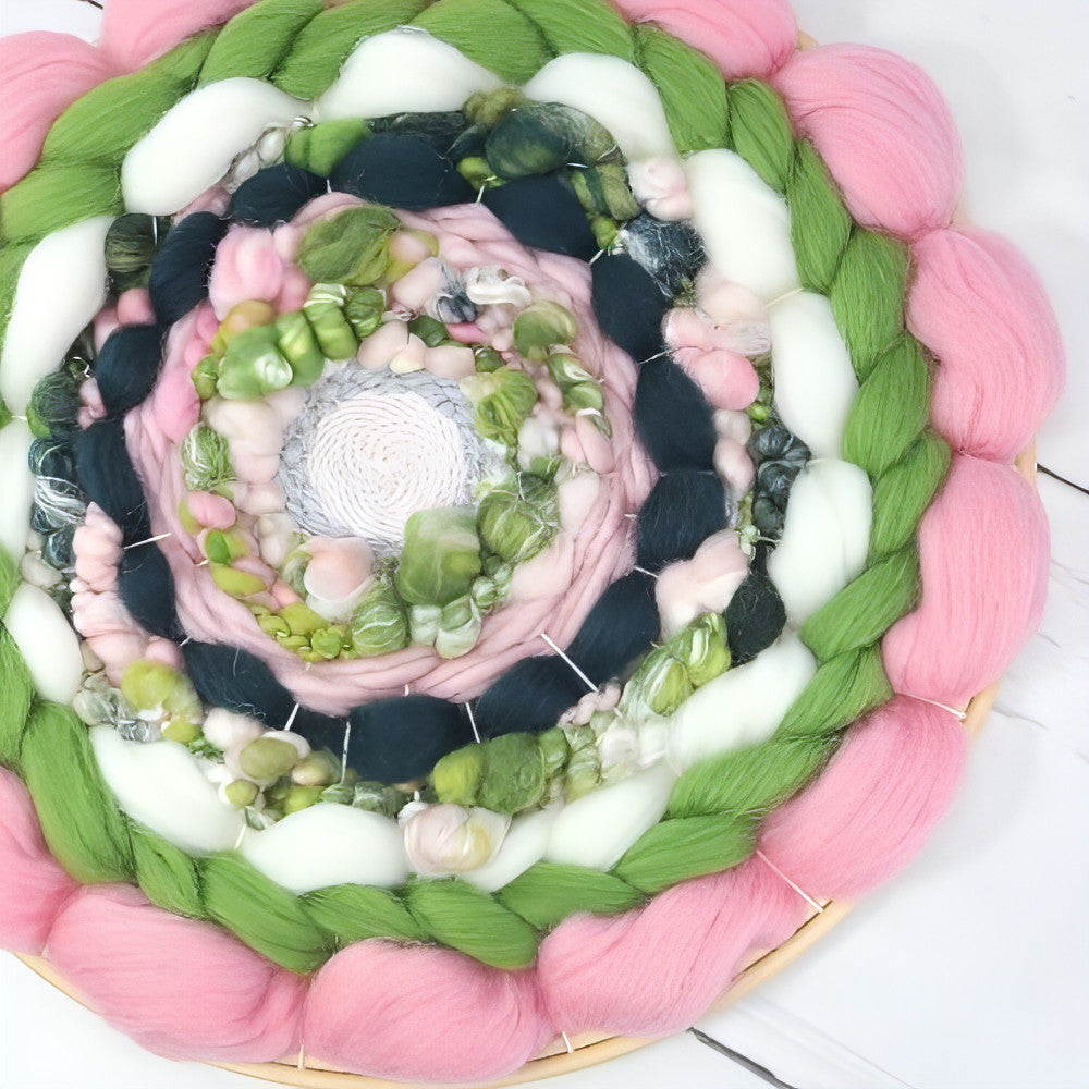 Coiled Art Yarn | Round Wall Hanging | Pink Green White Wall Décor - BlueRhubarb