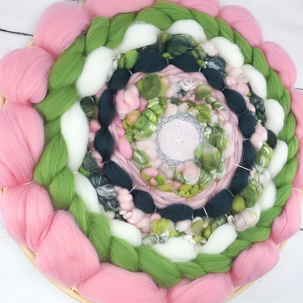 Coiled Art Yarn | Round Wall Hanging | Pink Green White Wall Décor - BlueRhubarb