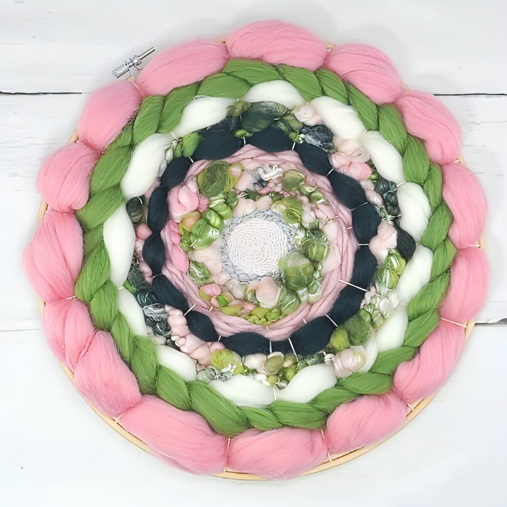 Coiled Art Yarn | Round Wall Hanging | Pink Green White Wall Décor - BlueRhubarb