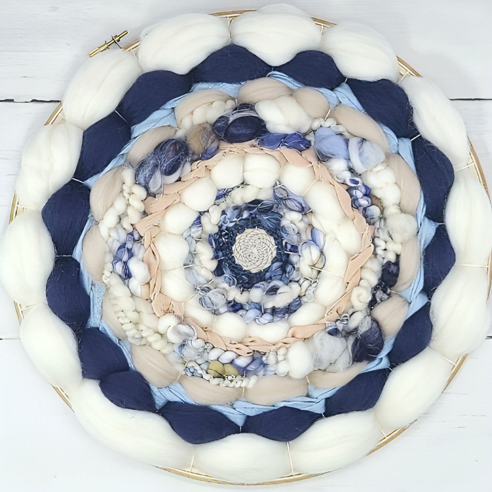 Coiled Art Yarn | Round Wall Hanging | White Blue Navy Beige Wall Décor - BlueRhubarb