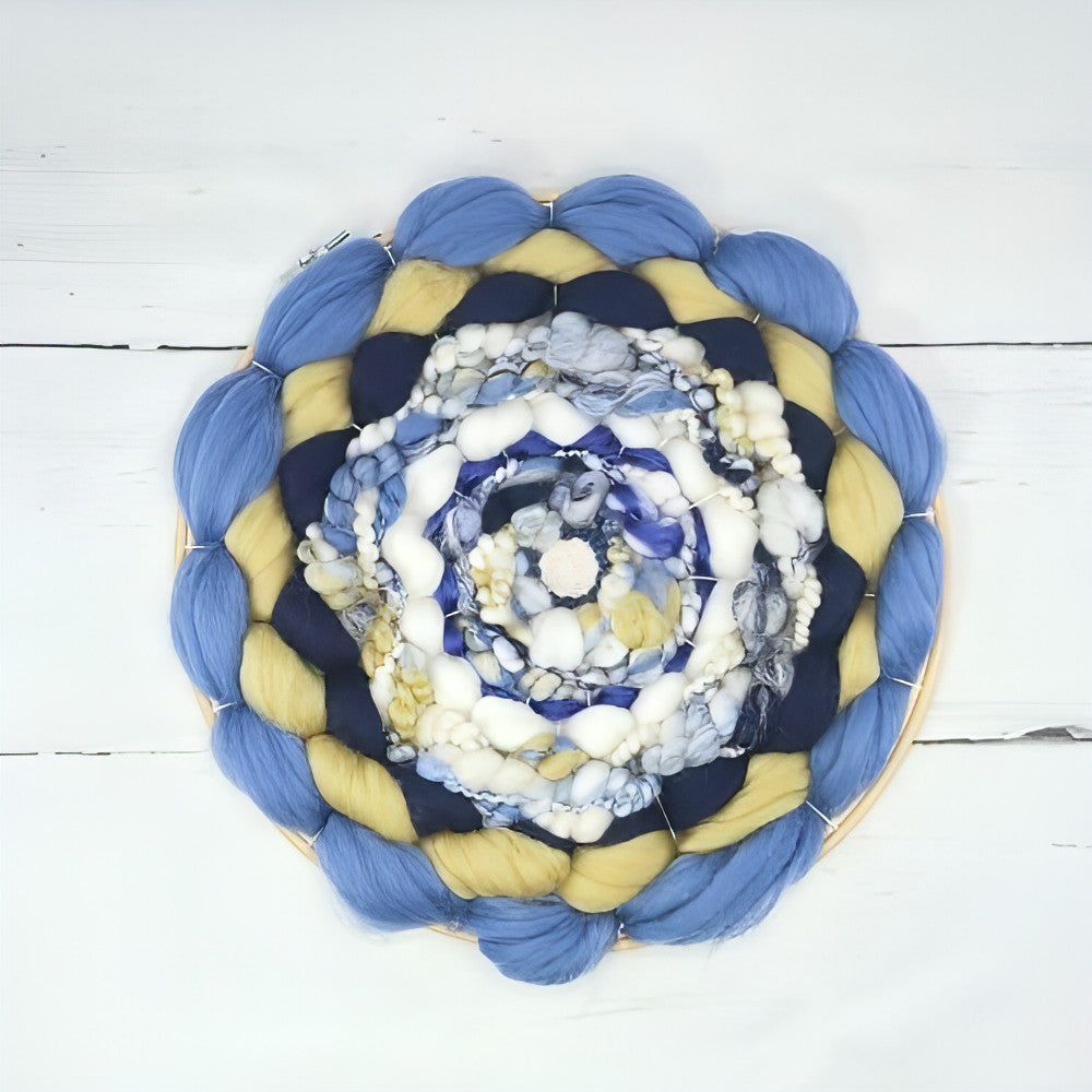Coiled Art Yarn | Round Wall Hanging | White Blue Navy Yellow Wall Décor - BlueRhubarb