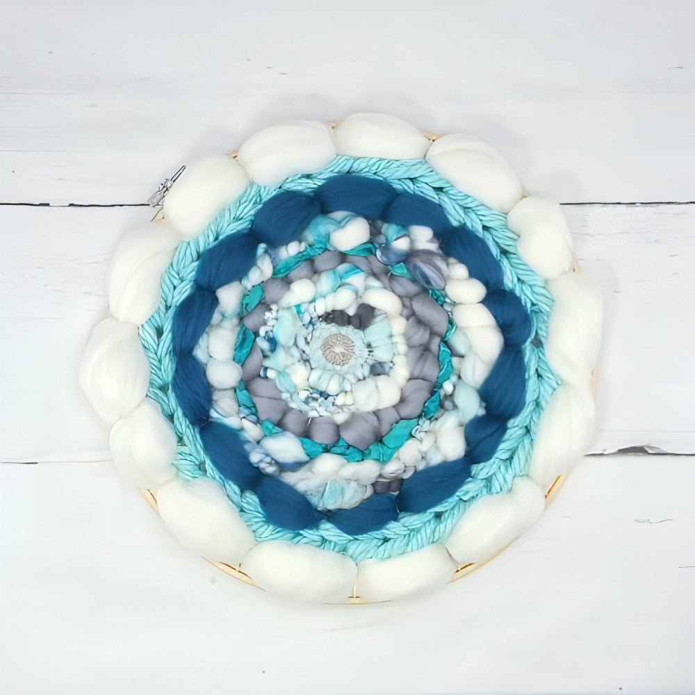 Coiled Art Yarn | Round Wall Hanging | White Teal Gray Wall Décor - BlueRhubarb