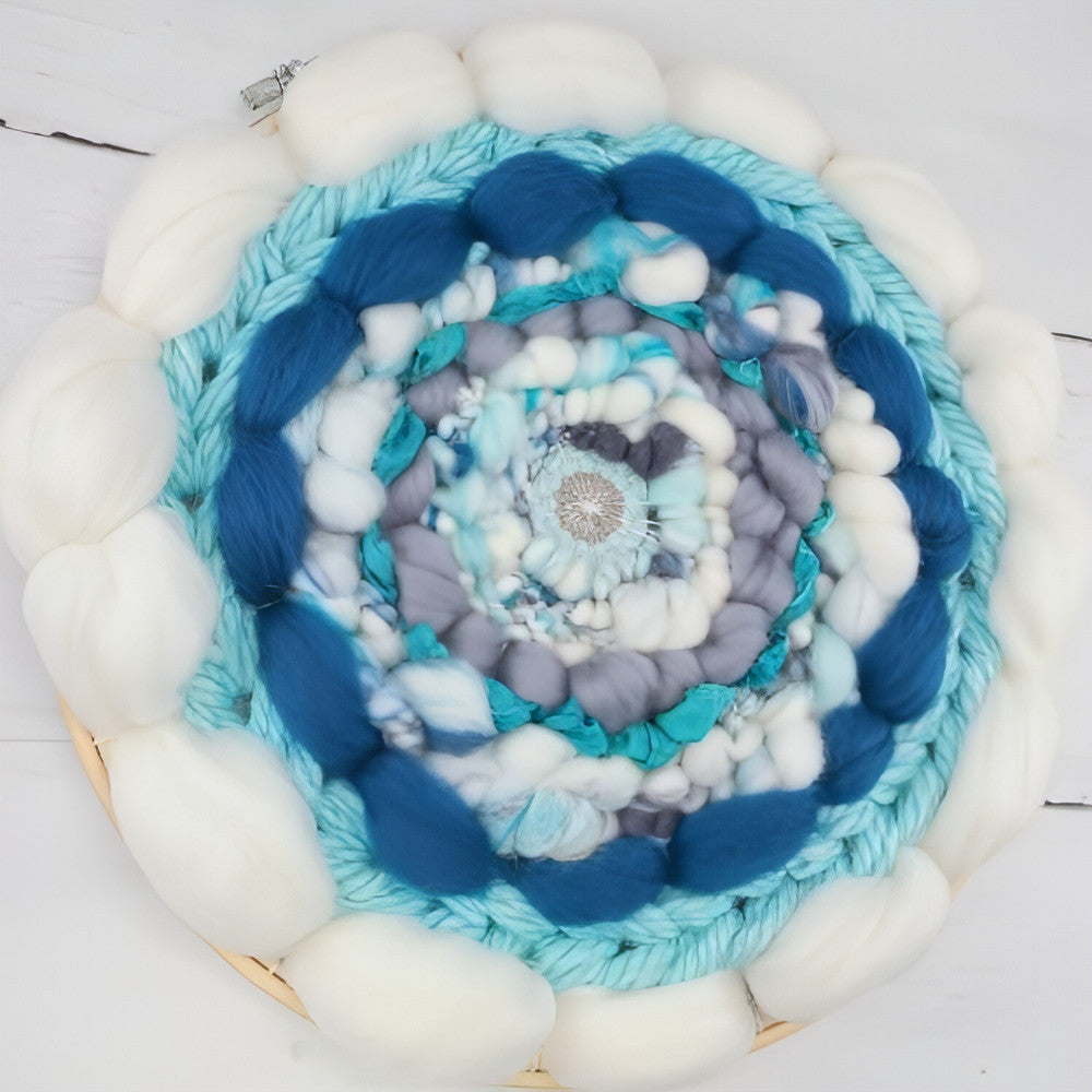 Coiled Art Yarn | Round Wall Hanging | White Teal Gray Wall Décor - BlueRhubarb