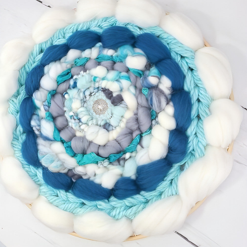 Coiled Art Yarn | Round Wall Hanging | White Teal Gray Wall Décor - BlueRhubarb