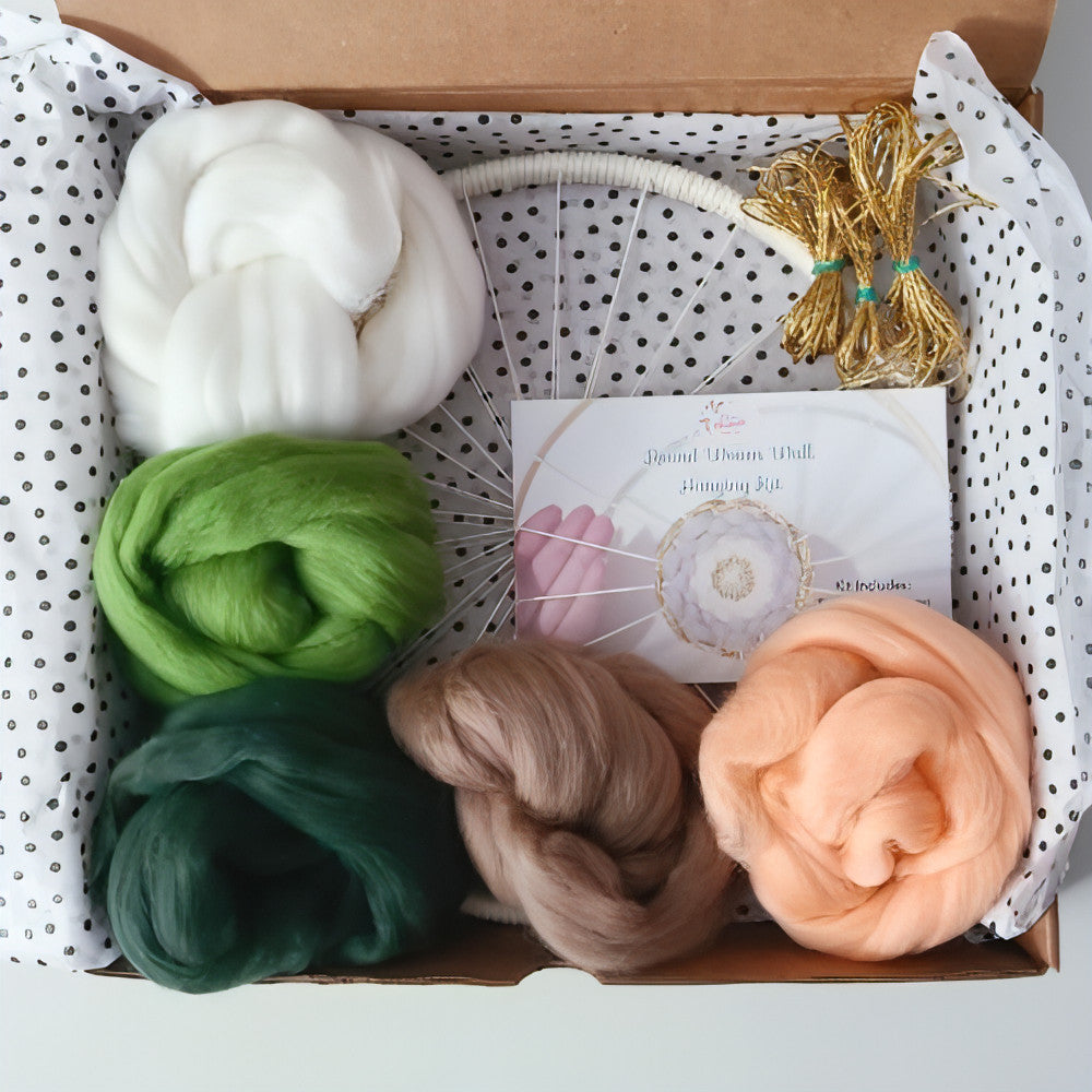 DIY Weaving Kit | Gold Threads Round Weave | 10" Green/Peach - BlueRhubarb