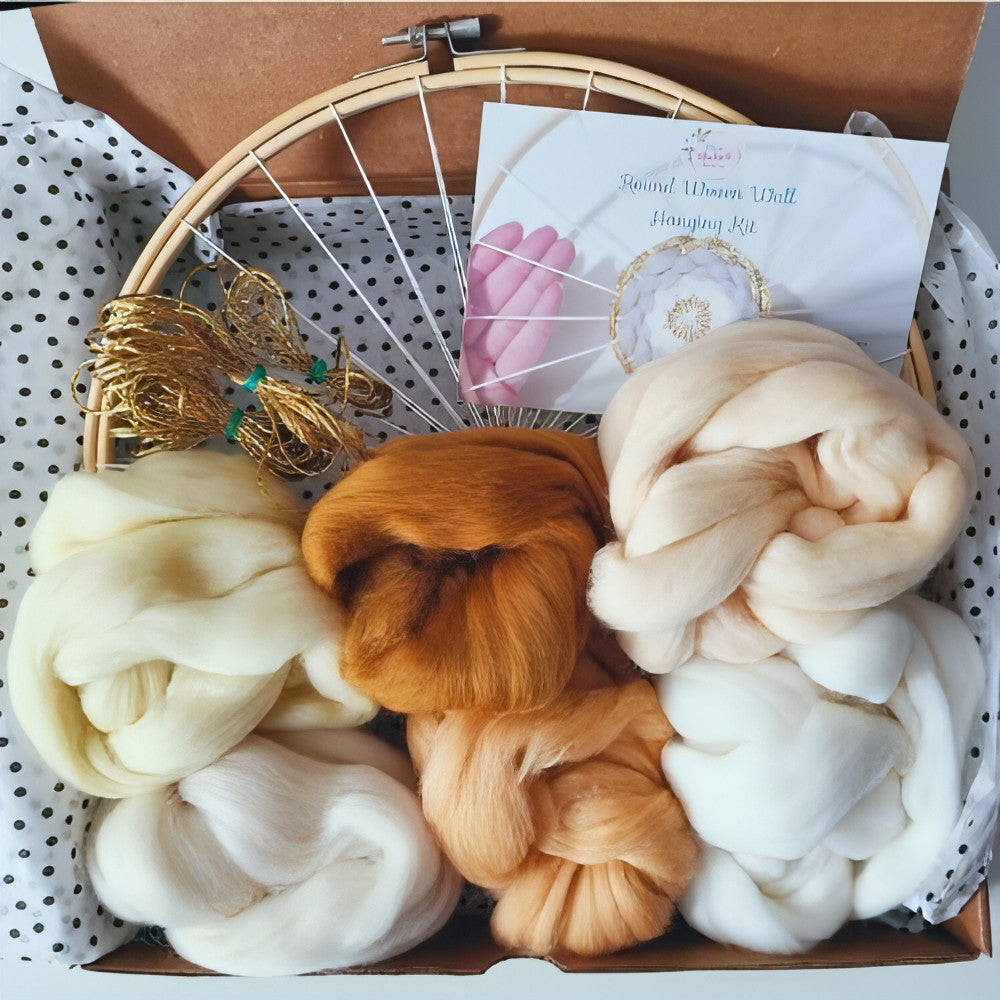 DIY Weaving Kit | Gold Threads | Round Weave | 12" White/Neutral - BlueRhubarb