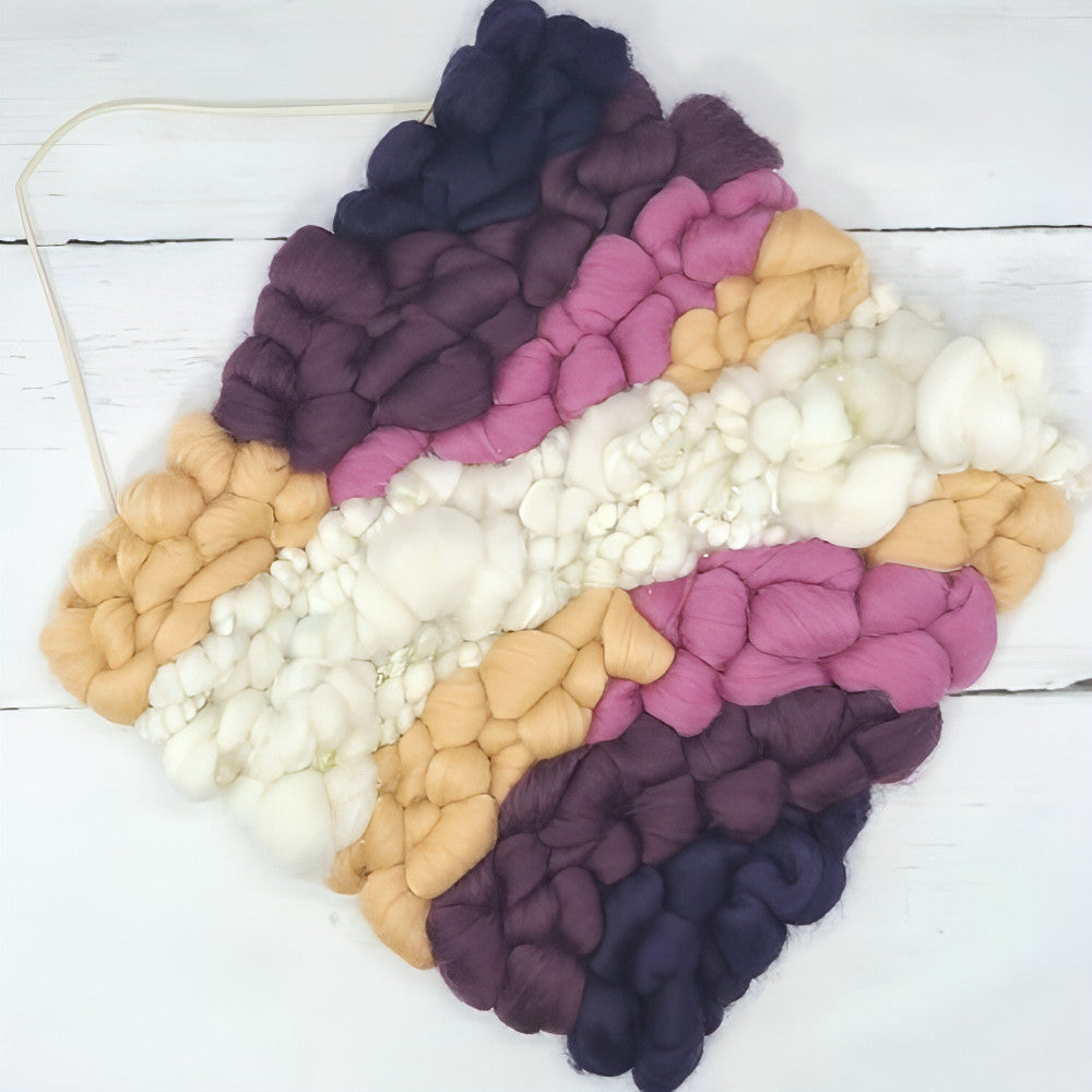 Golden Canvas | White Coil Art Yarn | 10x10 Wall Hanging | Purple Plums and Peach - BlueRhubarb