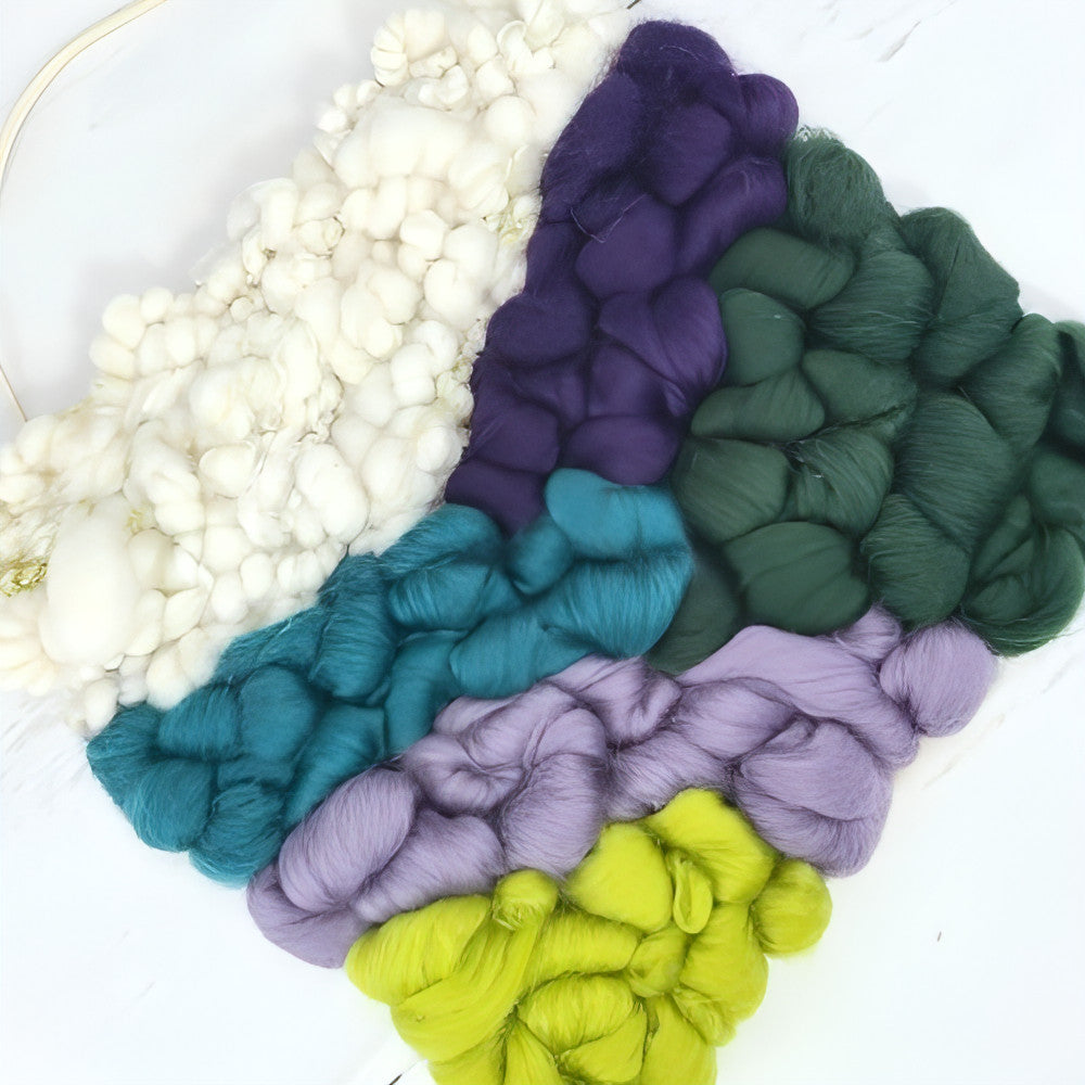 Golden Canvas | White Coil Art Yarn | 8x8 Wall Hanging | Greens and Purples - BlueRhubarb