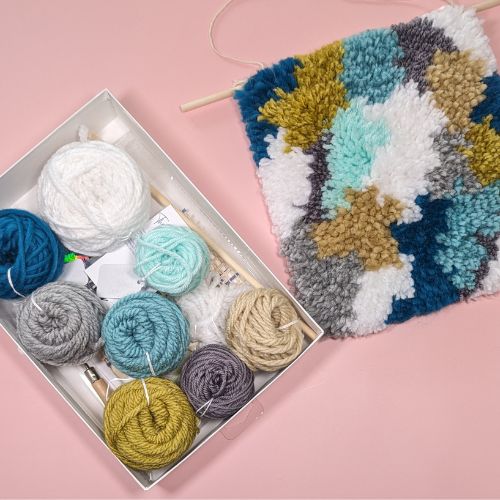 Handmade DIY Latch Hook Kit - Abstract Teal Palette - Modern Fiber Art